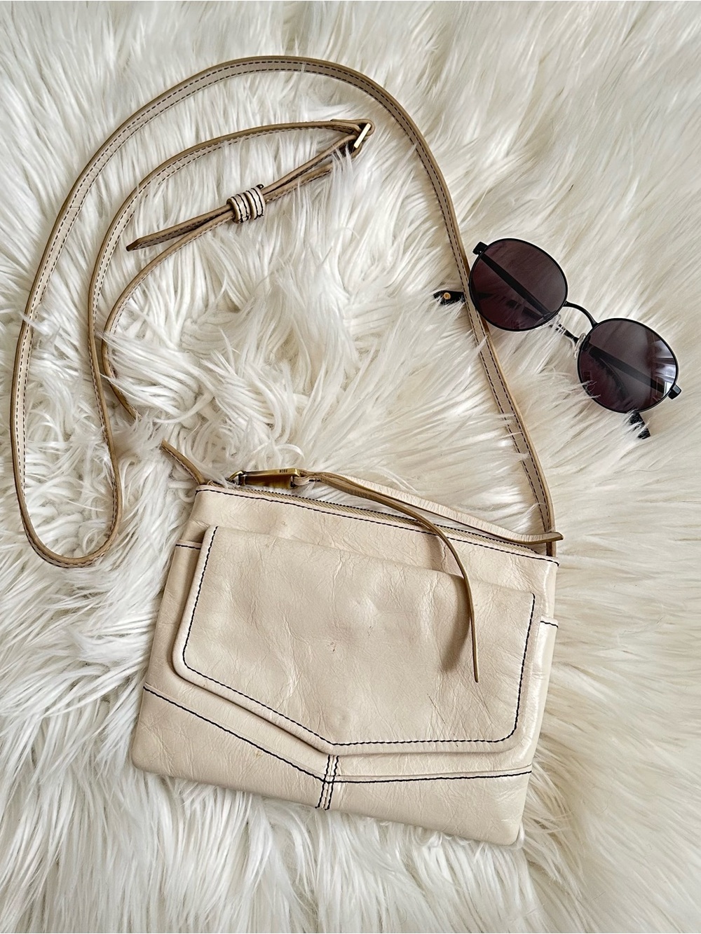 HOBO Cream Leather Crossbody Bag with Front Pocket
